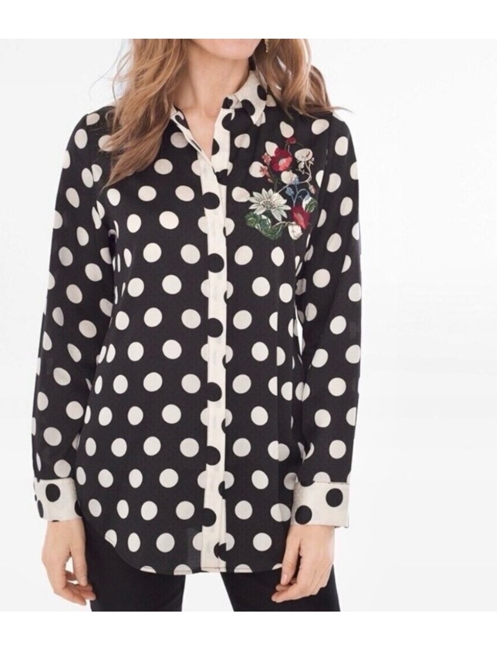 Chico’s Embroidered Regal Dot Shirt Women’s Size M Button Front Embellished